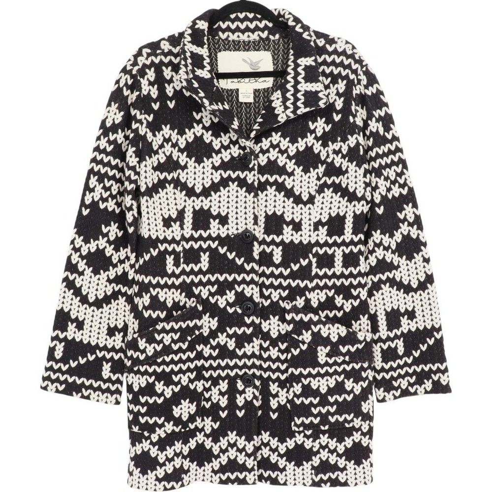 Tabitha Anthropologie Women's Knit Sweater Black White Knit Button Front Size L